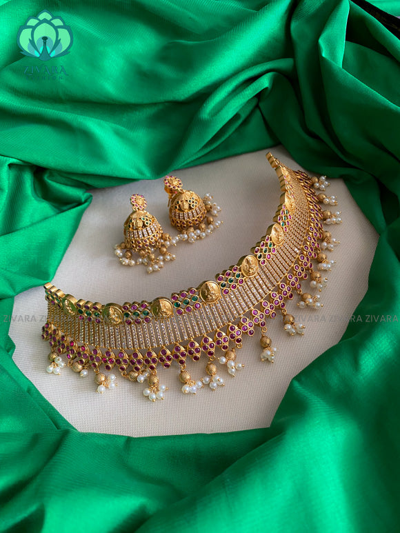 Bridal CZ matte choker with stones  - Bridal  jewellery with earrings-indian bridal jewellery