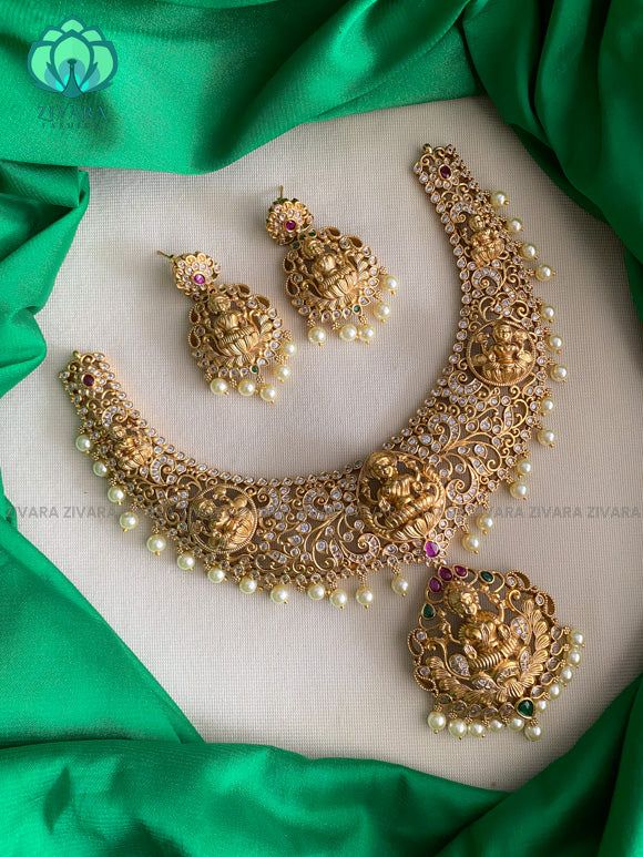 Grand Bridal temple necklace with earrings- CZ Matte Finish- Zivara Fashion