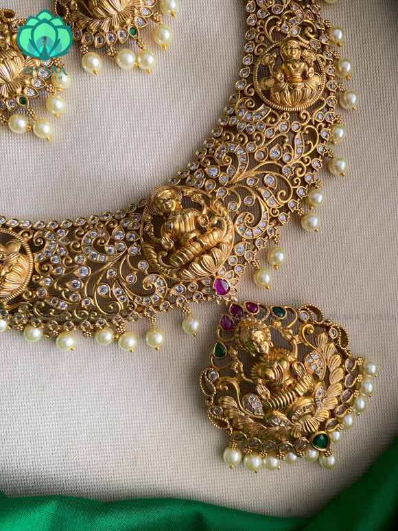 Grand Bridal temple necklace with earrings- CZ Matte Finish- Zivara Fashion