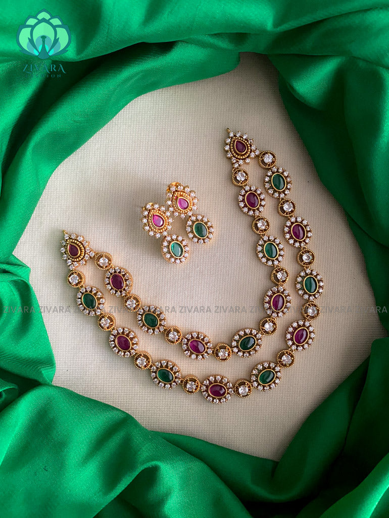 Two step ruby and green stone neckwear with earrings- latest pocket friendly south indian jewellery collection