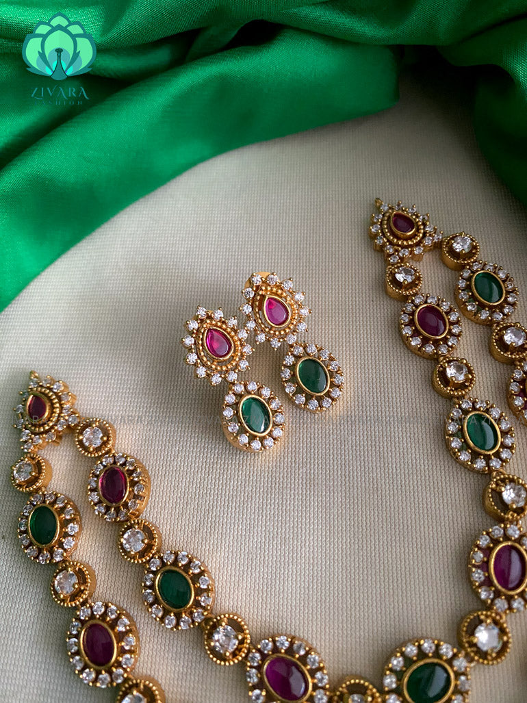 RUBY AND GREEN - TWO STEP- Traditional south indian premium neckwear with earrings- Zivara Fashion- latest jewellery design