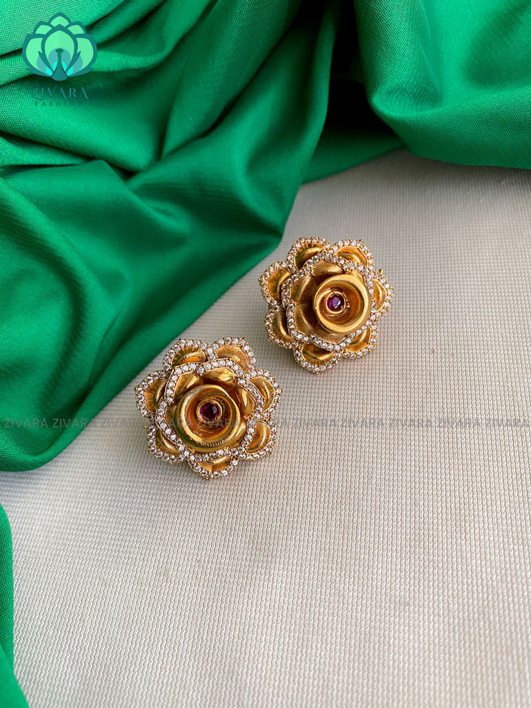 Hotselling golden 3D rose studs -  latest jewellery collection