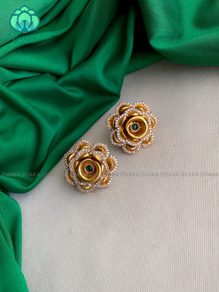 Green Hotselling golden 3D rose studs -  latest jewellery collection