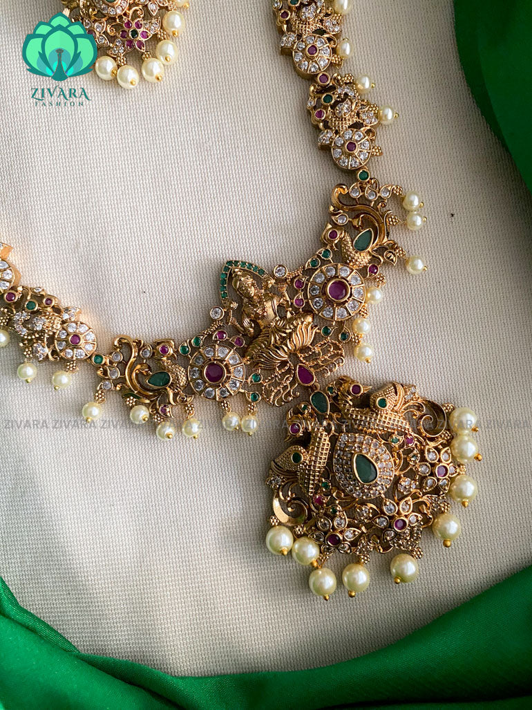 Bridal stone long Haaram with earrings- CZ Matte Finish- Zivara Fashion
