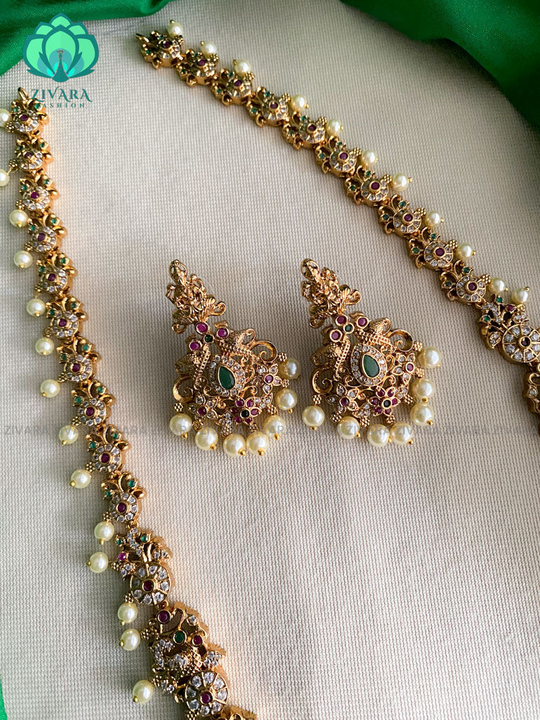 Bridal stone long Haaram with earrings- CZ Matte Finish- Zivara Fashion