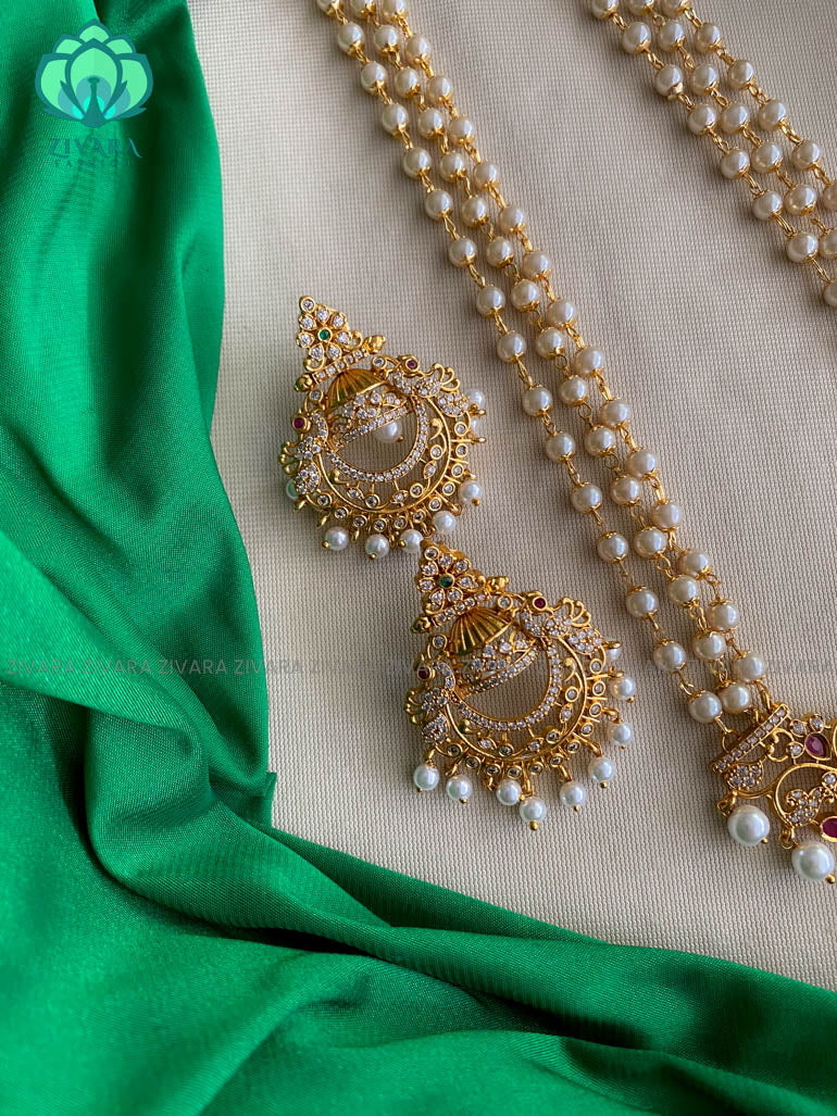Long pearl  pendant Neckwear with earrings- CZ Matte Finish- Zivara Fashion