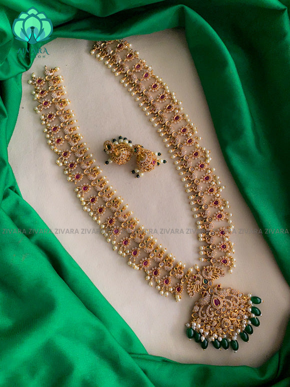 Trending  green beads long haaram with stones- Premium quality CZ Matte collection