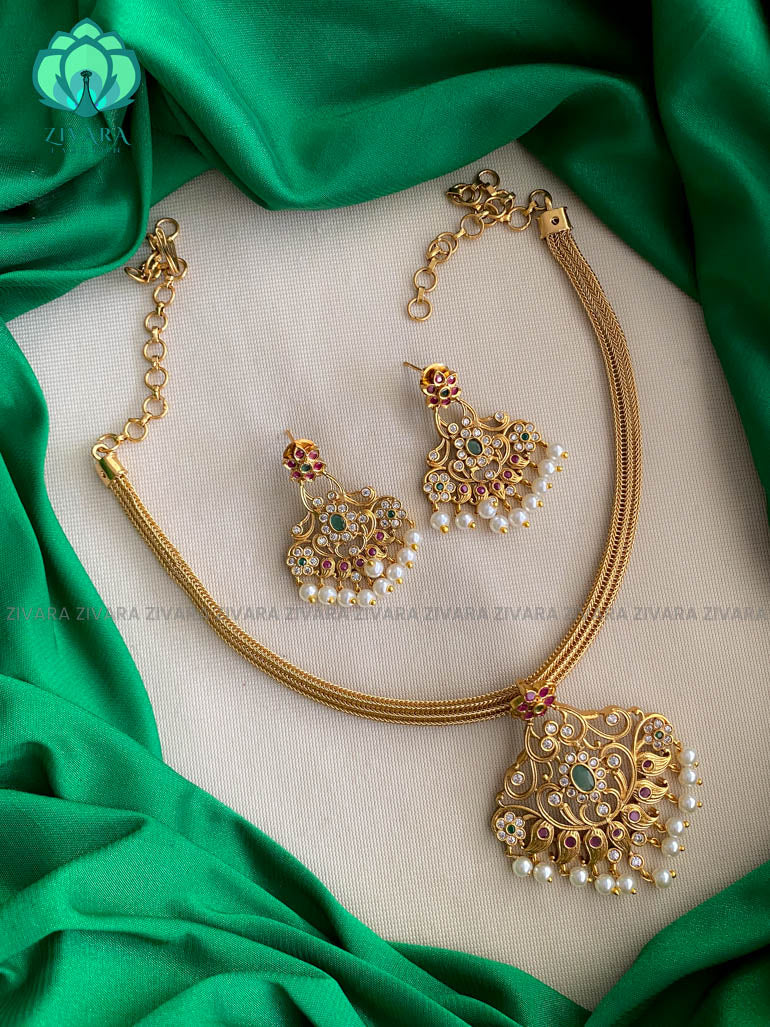 Flexible chain bali pendant necklace with  earrings - CZ Matte Finish- Zivara Fashion
