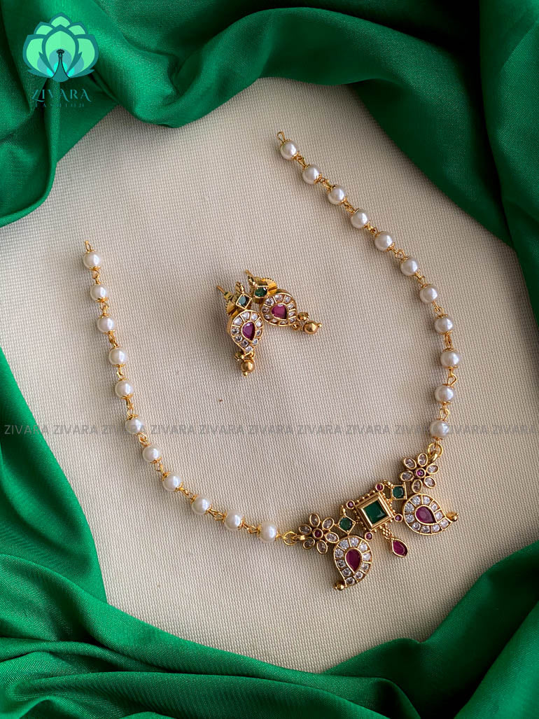 Kids friendly brilliant finish mango pearl choker with earrings - Premium quality CZ Matte collection-south indian jewellery