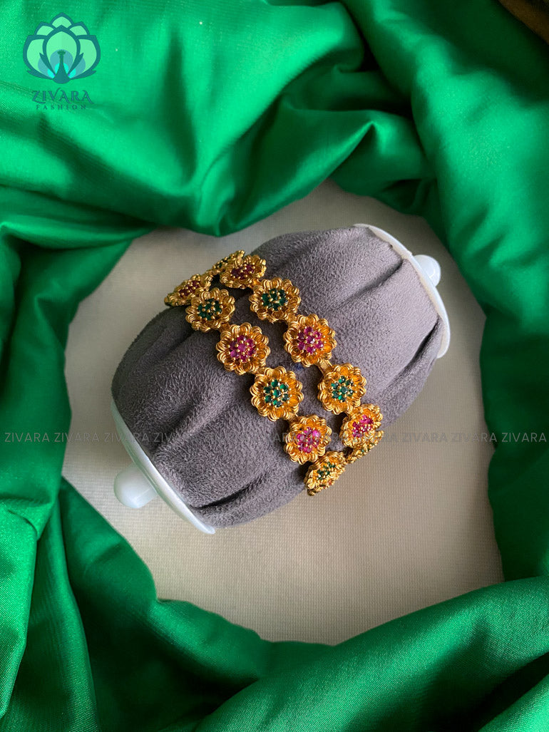 2 piece dark vintage finish premium floral bangles with white stones-latest jewellery collection