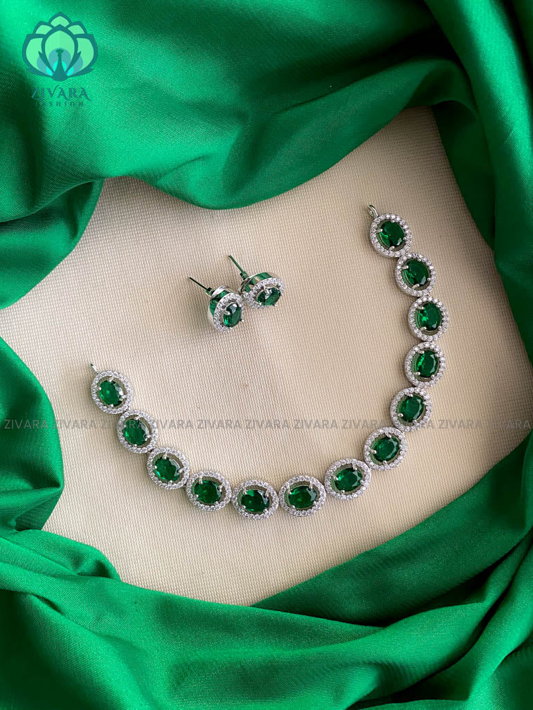 Silver American Diamond green stoned Neckwear with earrings- Zivara Fashion- Silver