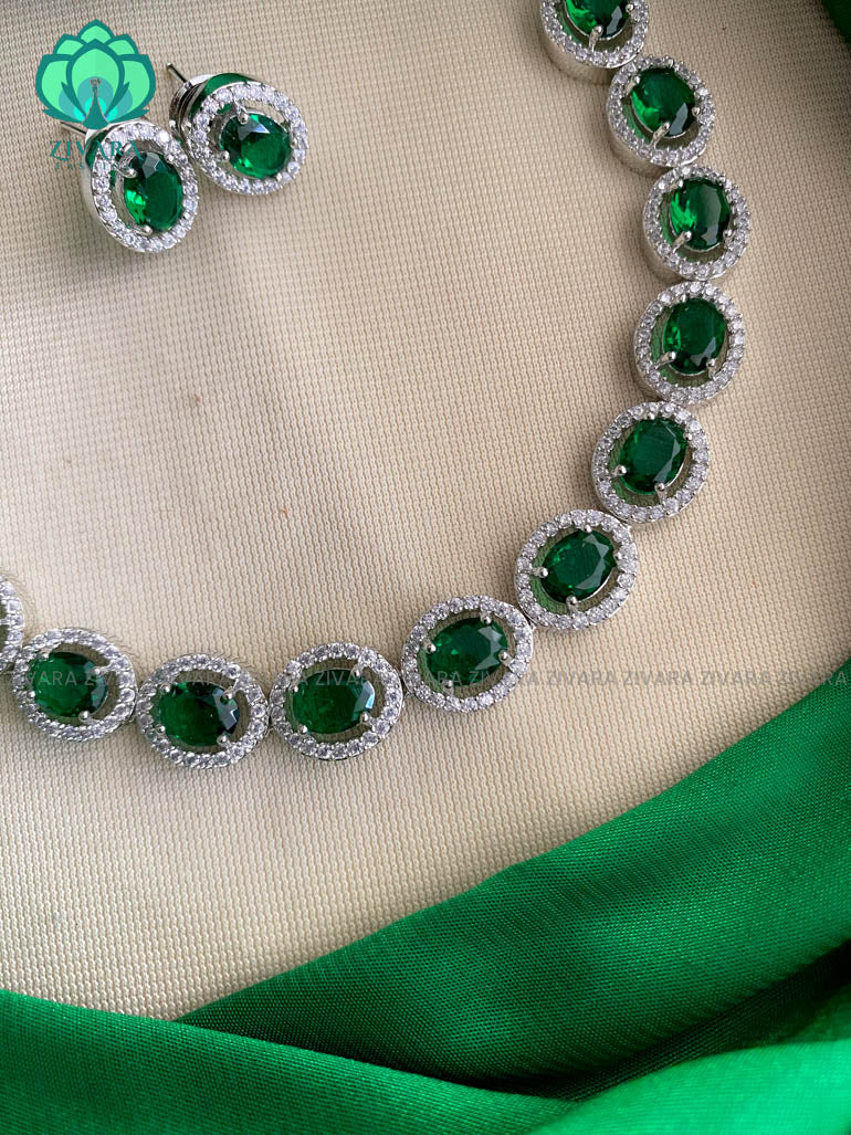 Silver American Diamond green stoned Neckwear with earrings- Zivara Fashion- Silver