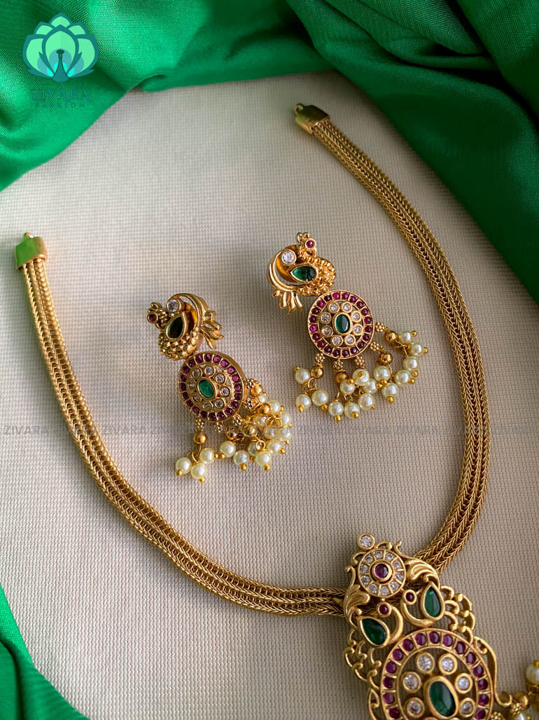 Flexible chain annam pendant necklace with  earrings - CZ Matte Finish- Zivara Fashion