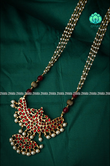 Kokilam-II - Traditional kemp midchest with pearl bunch chain-south indian kemp neckwear for women