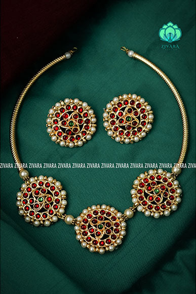 Suganthi  - Traditional three sun neckwear with earrings-south indian kemp neckwear for women
