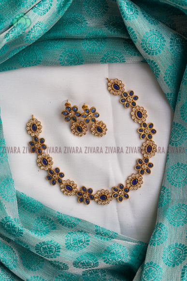 Amazing and gold look like motif free floral necklace with earrings CZ matte Finish- Zivara Fashion