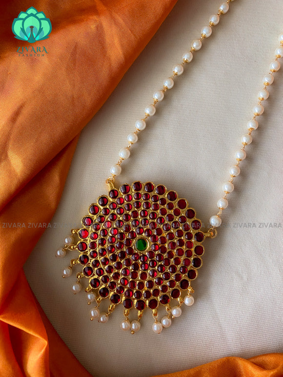 Mira- Traditional kemp neckwear  with pearl bunch chain-south indian kemp neckwear for women