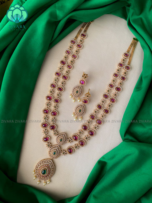 Exuberant step long ruby and green stone Neckwear with earrings- CZ Matte Finish- Zivara Fashion