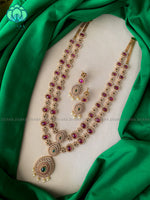 Elegant step long ruby and green stone Neckwear with earrings- CZ Matte Finish- Zivara Fashion