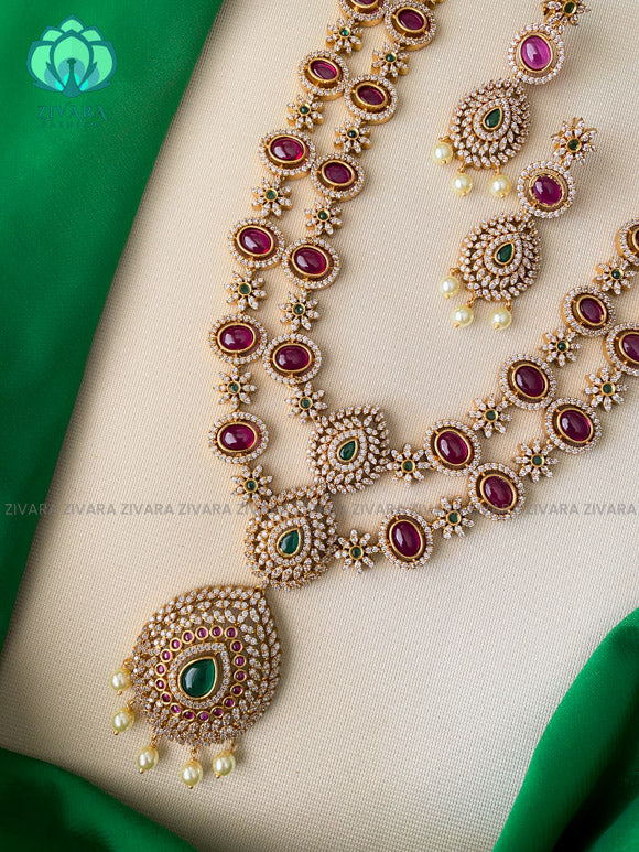 Exuberant step long ruby and green stone Neckwear with earrings- CZ Matte Finish- Zivara Fashion