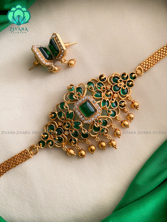 Cute matte finish simple choker with earrings-latest south indian jewellery-GREEN