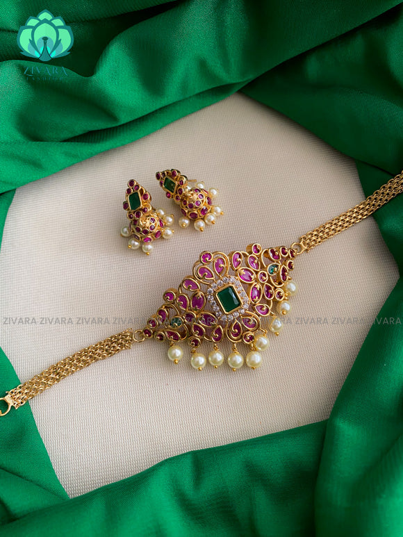 Real kemp stones ruby and green choker with earrings-Swarna- latest pocket friendly south indian jewellery collection