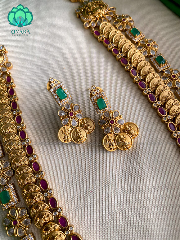 Long step lakshmi long haaram with earrings - CZ Matte Finish- Zivara Fashion