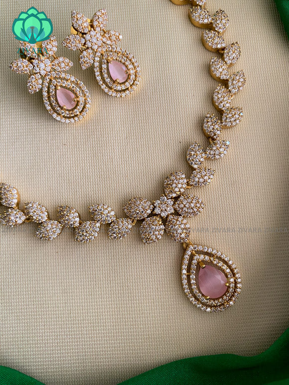 Elegant pastel pink AD stone Neckwear with earrings- Zivara Fashion-pastel pink