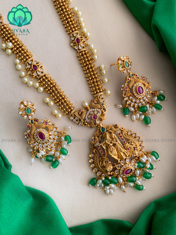 Radhe krishna  long haaram with earrings CZ matte Finish- Zivara Fashion